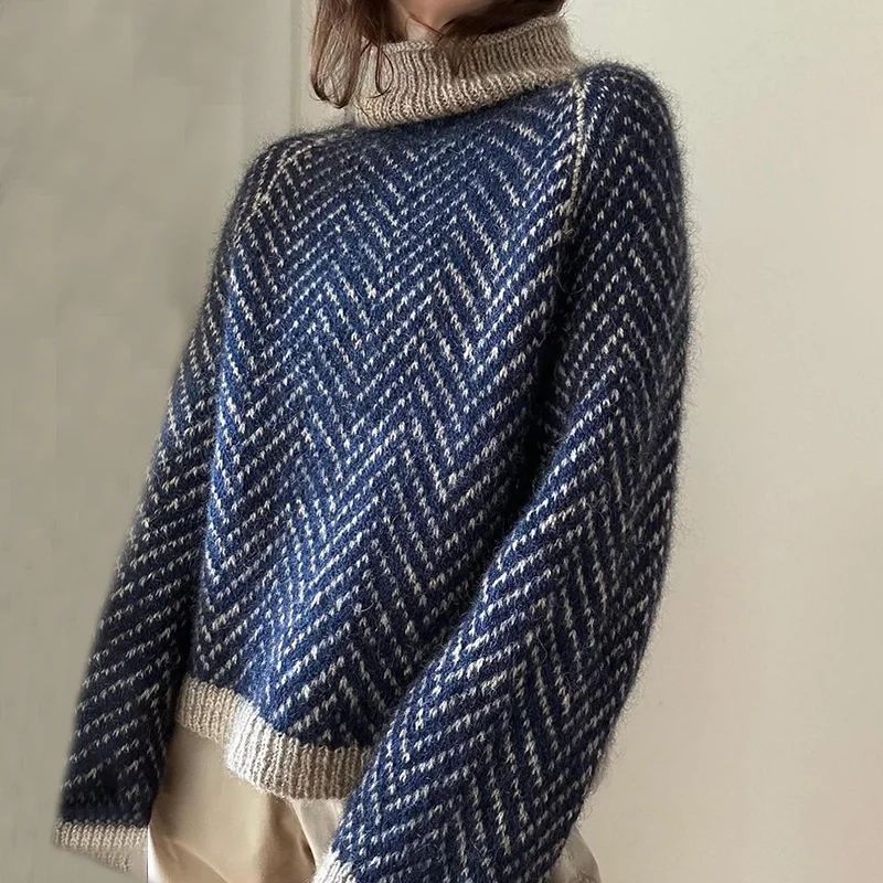 Casual Retro Herringbone Turtleneck Sweater