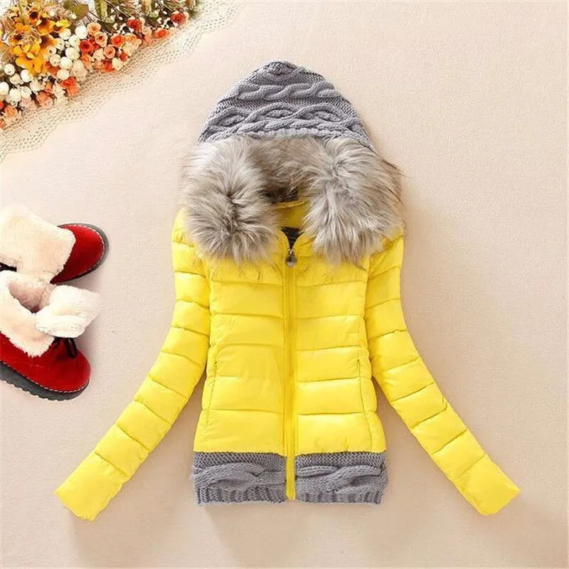 plus size 4XL women winter jacket Knitted wool cap patchwork jacket autumn winter coat outwear 2020