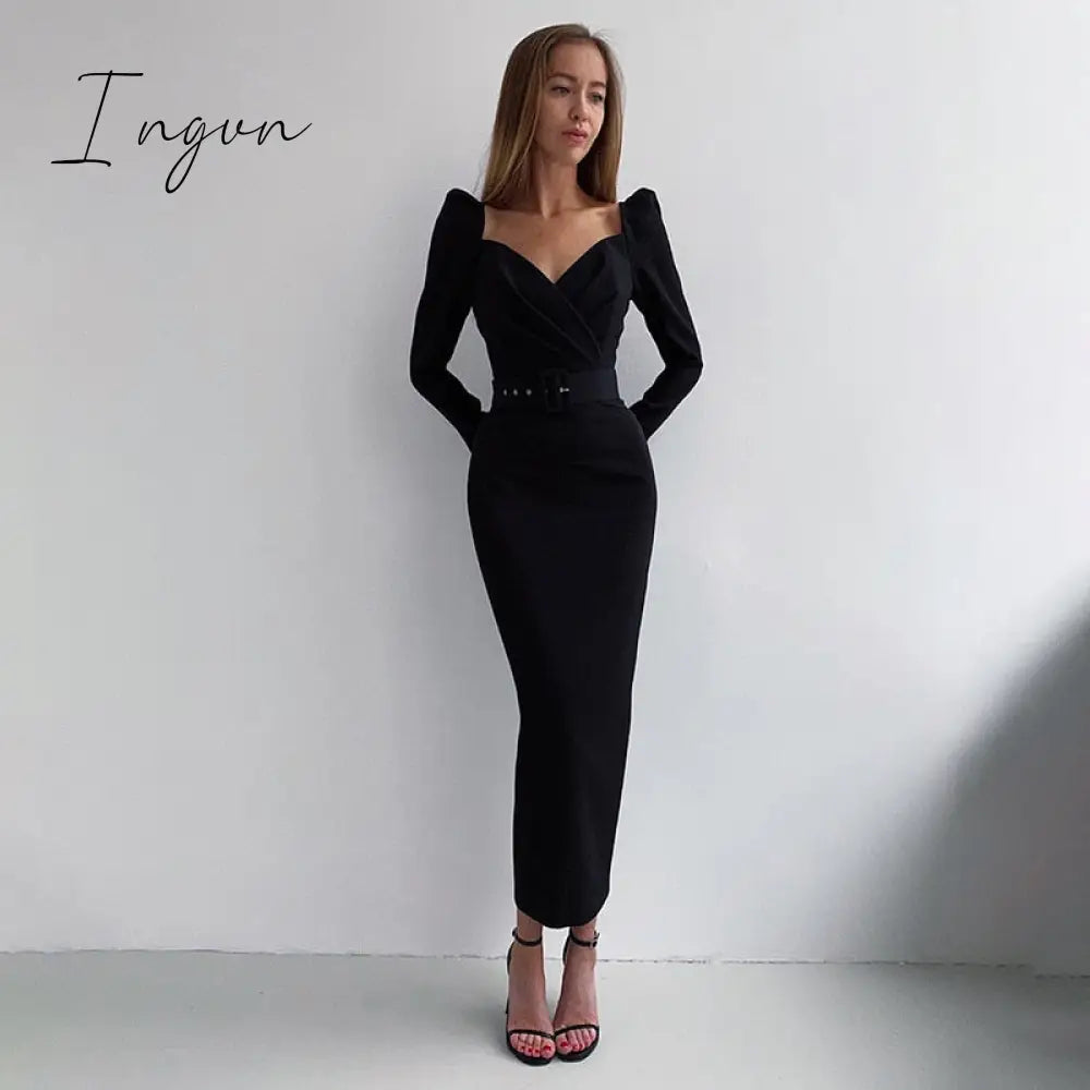 Ingvn - Instahot Elegant Party Women Dress Slim V Neck Long Sleeve Mid Calf Pencil Casual Office