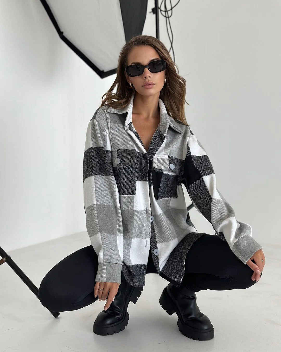 Nigikala Nigikala New Casual Long-Sleeved Open Shirt Plaid Shirt For Women
