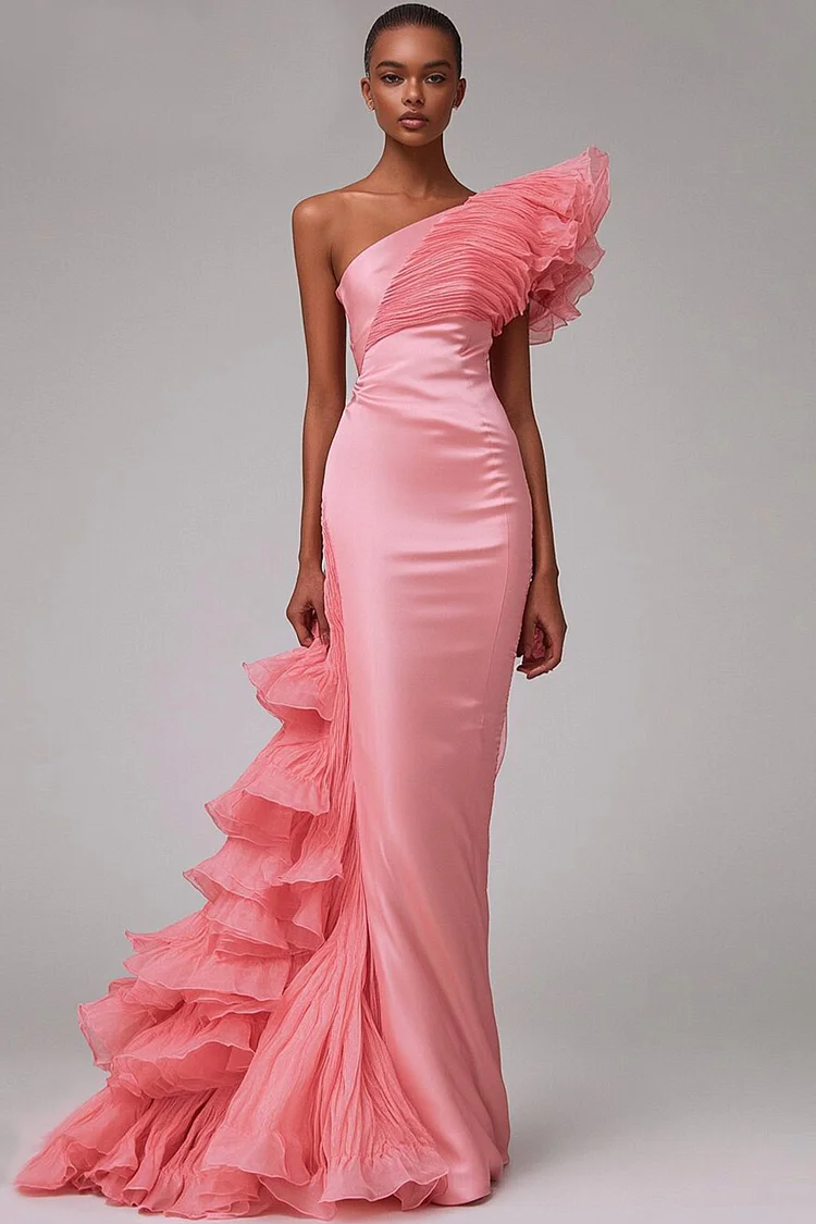 One Shoulder Layered Ruffle Maxi Dress-Pink [Custom-Made]