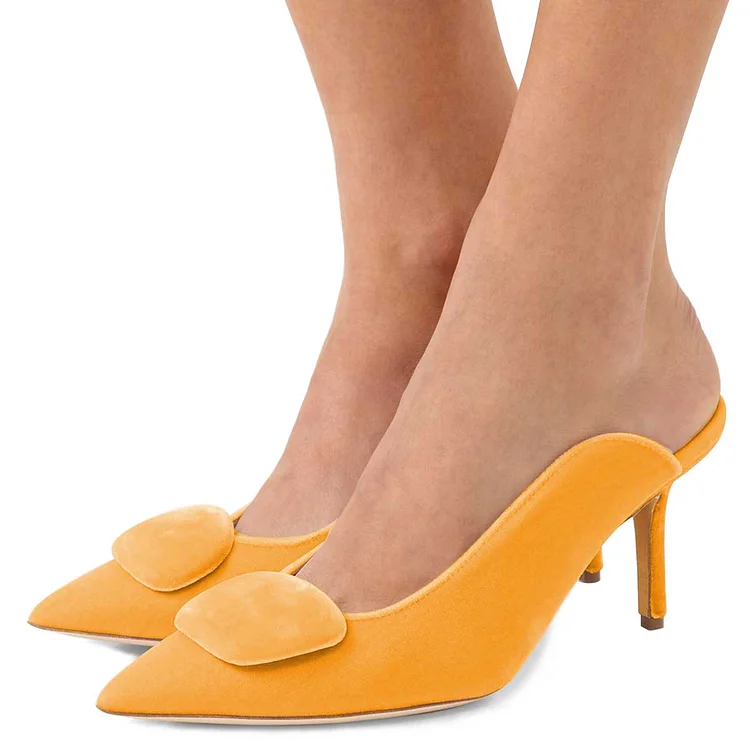 Women's Orange Velvet Pointed Toe Stiletto Heel Mules Shoes |FSJ Shoes