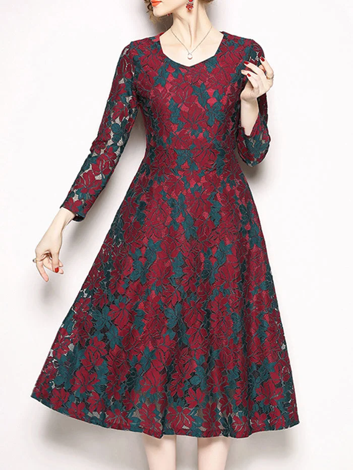 Slim V-neck Long-sleeved Lace Mid-length Dress
