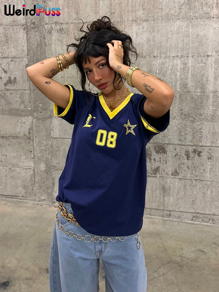 Weird Puss Casual Letter Print T-Shirt Women Patchwork V-Neck Shorts Sleeve Sporty Elastic Loose Wild Tops Street Tees
