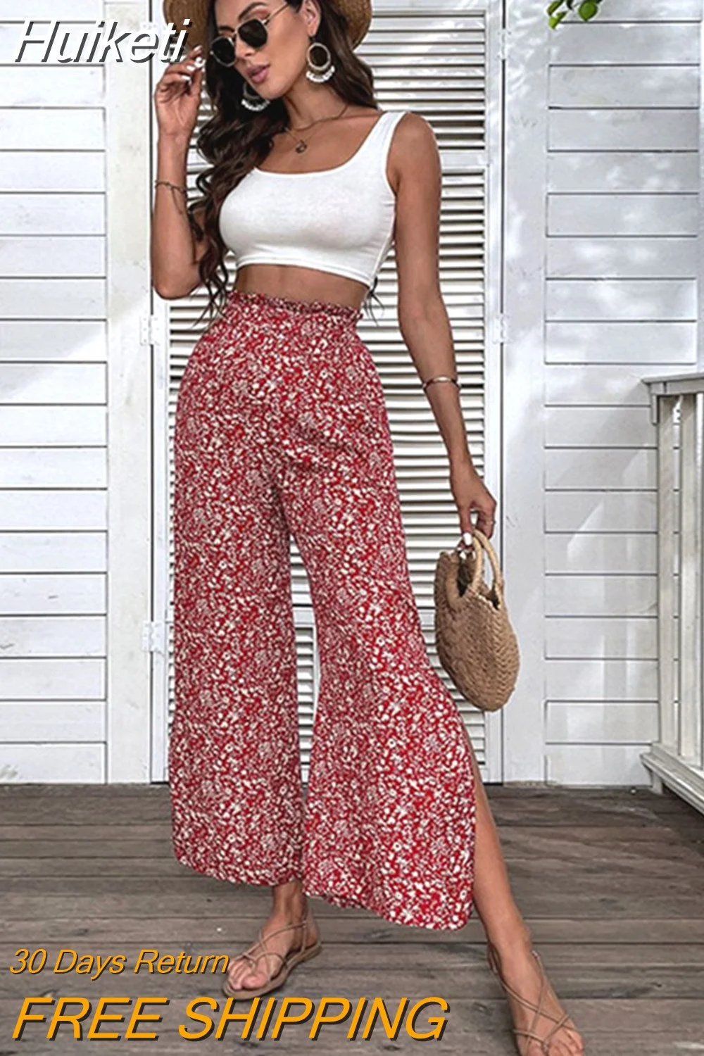 Huiketi 2023 New Retro Women's Red Pants Rayon High Waist Floral Split Loose Chic Cropped Wide Leg Pants