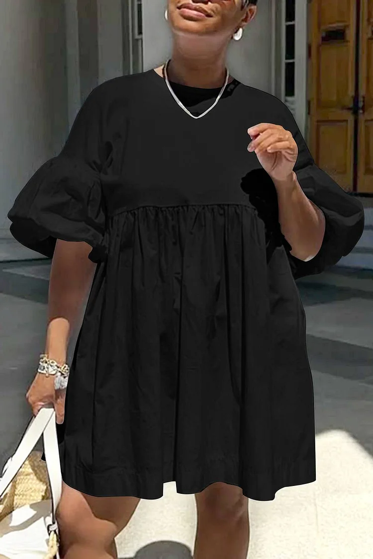 Plus Size Vacation Black Casual Round Neck Lantern Sleeve Half Sleeve Mini Dresses [Pre-Order] 2024 - Xpluswear