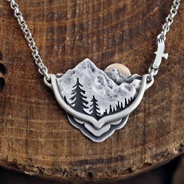 Mountain Pine Tree Sun Landscape Necklace