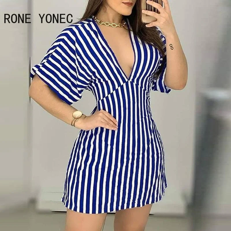UForever21 Women Stripe Print V-neck Tight Waist Backless Dress Casual Vacation Dress 2022