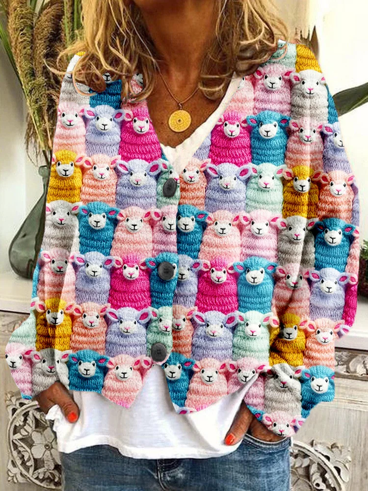 Cute Farm Pastel Sheep Embroidery Art Cozy Knit Cardigan