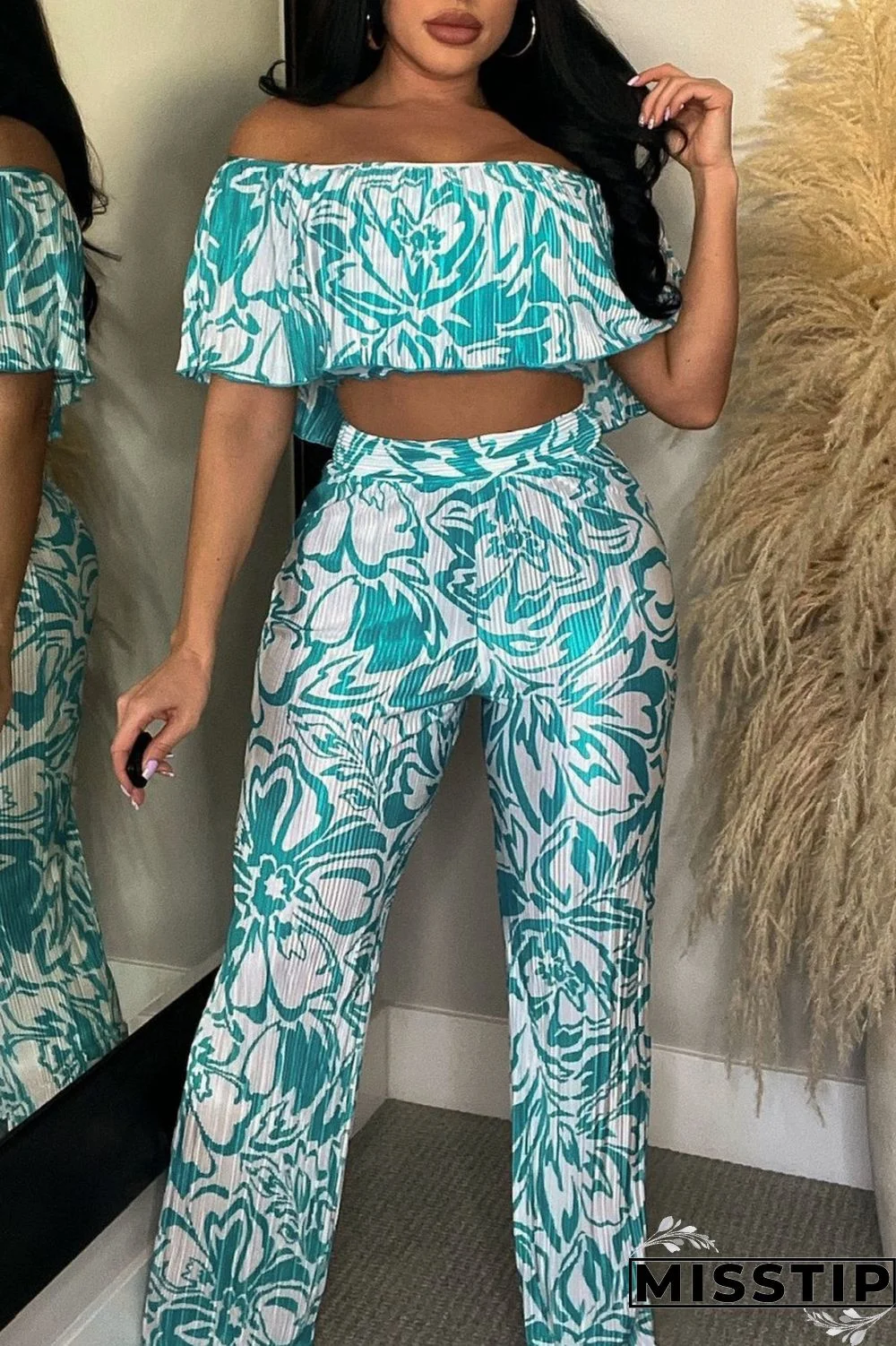 Blue Sexy Casual Print Backless Off the Shoulder Half Sleeve Two Pieces