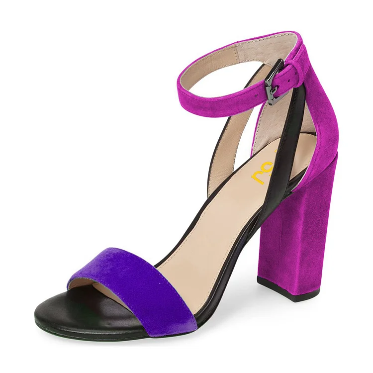 Purple and Black Ankle Strap Sandals Vegan Suede Block Heels by FSJ |FSJ Shoes