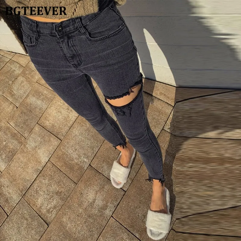 BGTEEVER Chic Irregular Ripped Holes Women Pencil Denim Jeans Stylish High Waist Stretched Female Skinny Denim Pants 2021 Spring