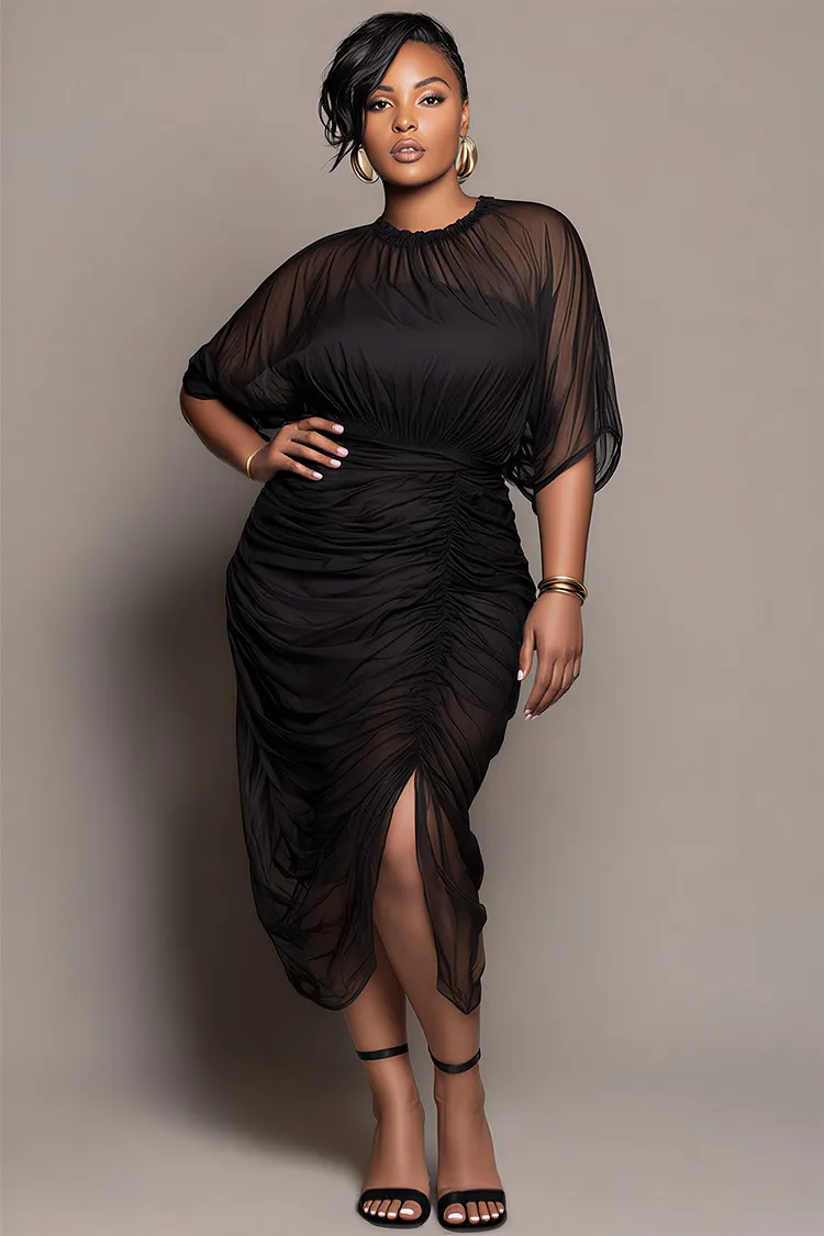 Xpluswear Design Plus Size Cocktail Party Black Round Neck Short Sleeve See Through Ruched Tulle Midi Dresses [Pre-Order] 2024 - Xpluswear