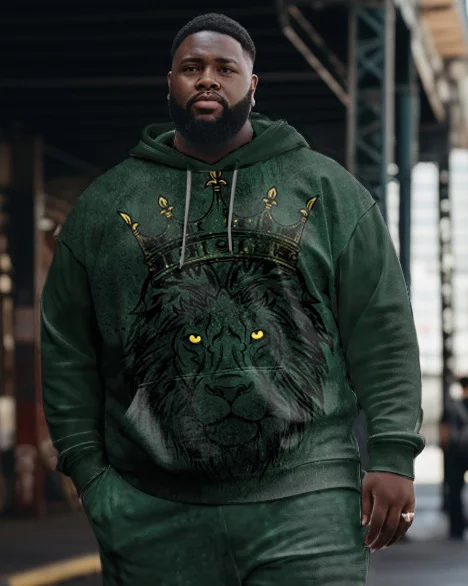 Men's Plus Size Casual Hip Hop Green Lion Hoodie Two Piece Set