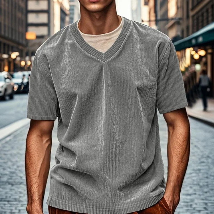 Men's Vintage Short Sleeve Solid Color V-Neck Corduroy T-Shirt 77686667X