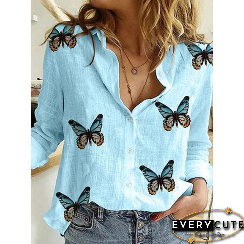 Ladies Slim Irregular Butterfly Print Ladies Shirt Turn Down Collar Cotton Linen Blouse Top