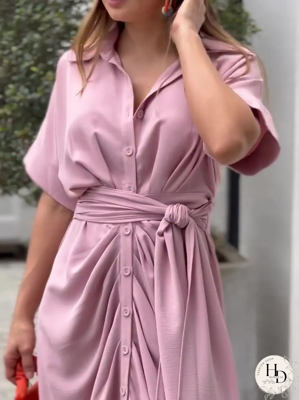 Lapel Mid Length Short Sleeve Single Breasted High Waist Shirt Dress