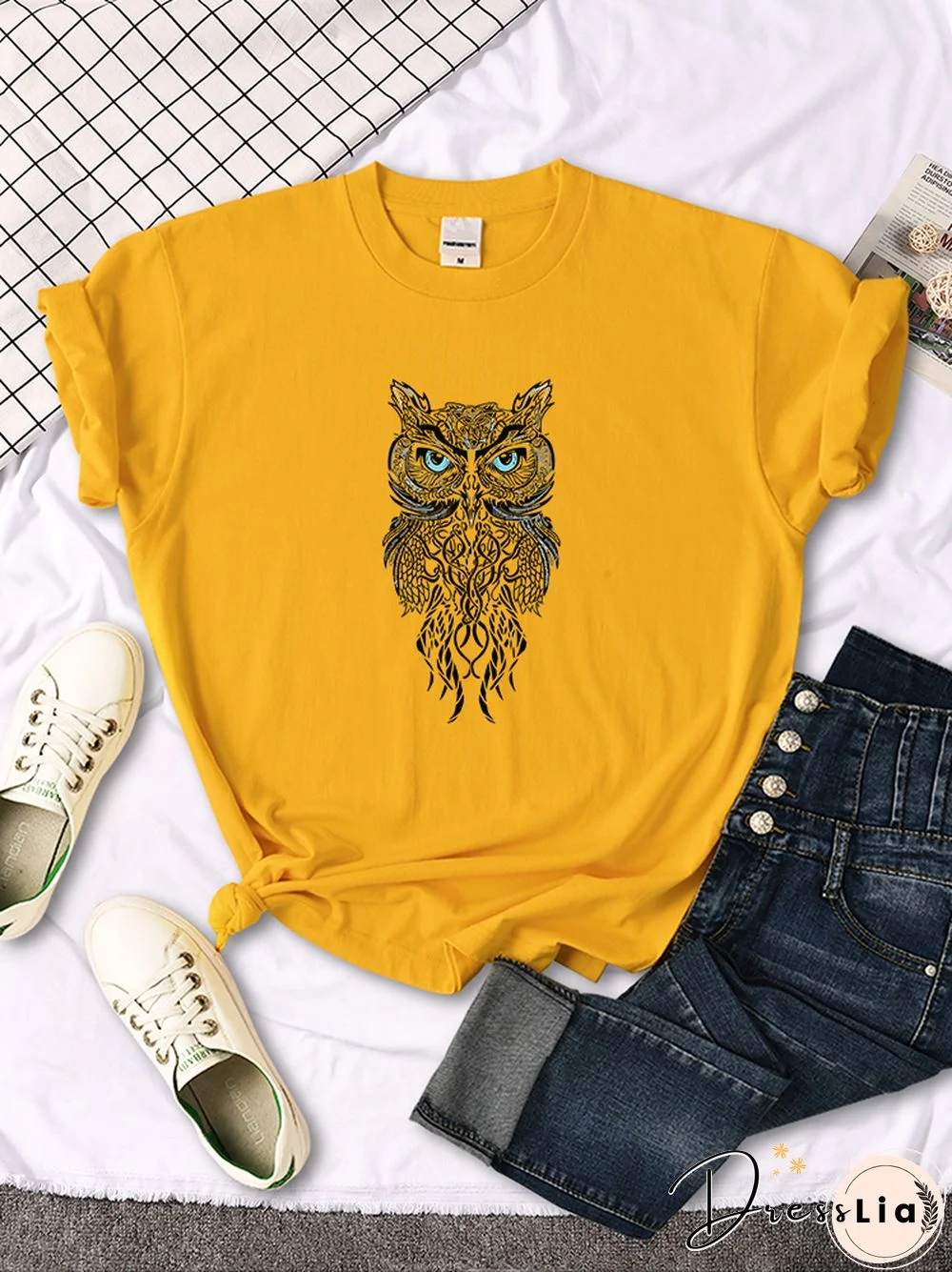 FemaleT-Shirt Womens Blue Eyed Owl Animal Picture Printing Clothes Women's Oversized Casual Slim T-Shirt Japan Style Tees