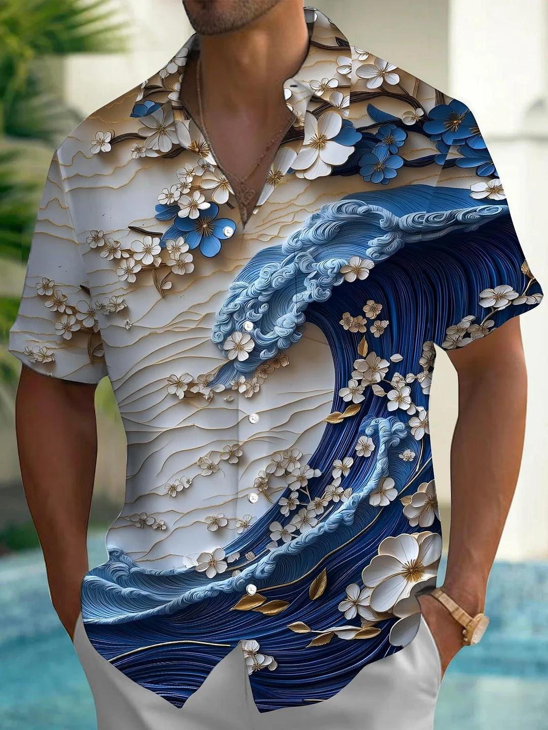 Wave Flower Men's Pocket Short Sleeve Shirts
