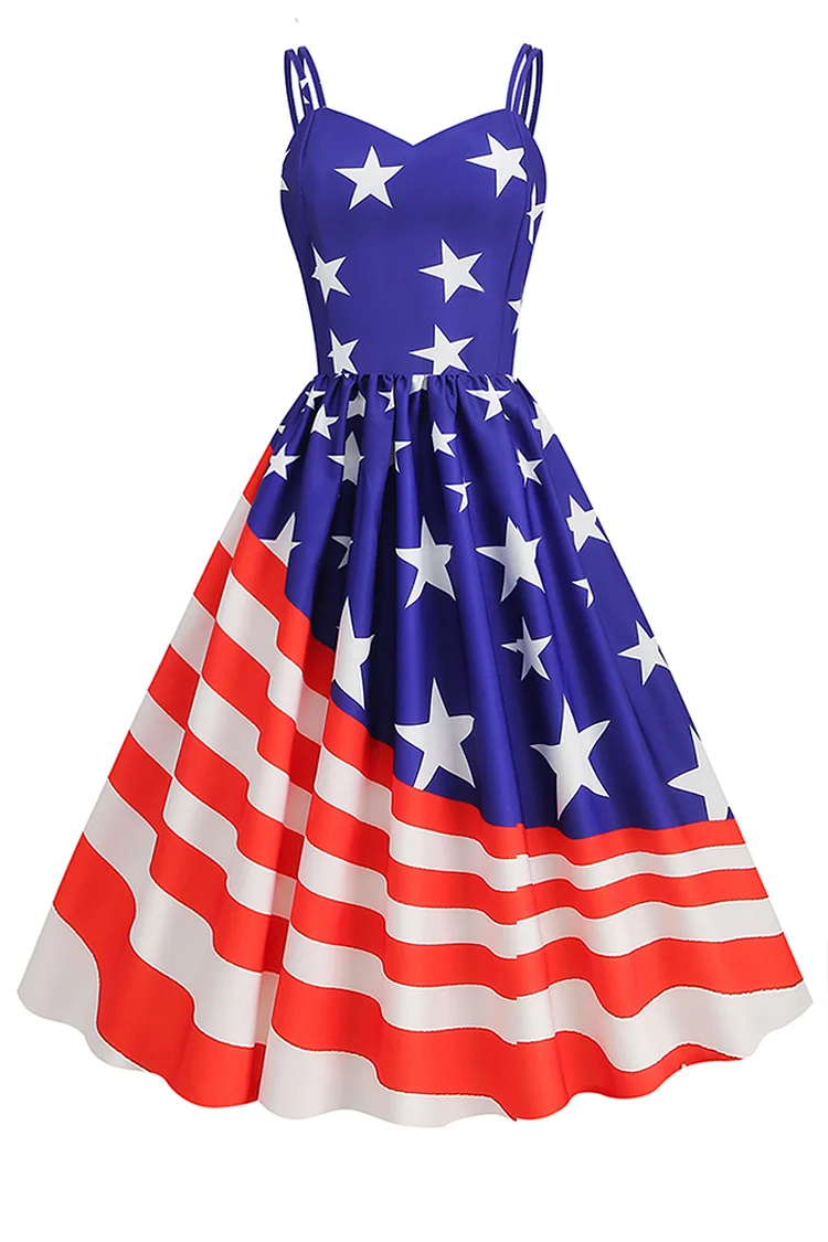 1950s Blue Party American Independence Day American Flag Print Cami A-line Swing Midi Dress