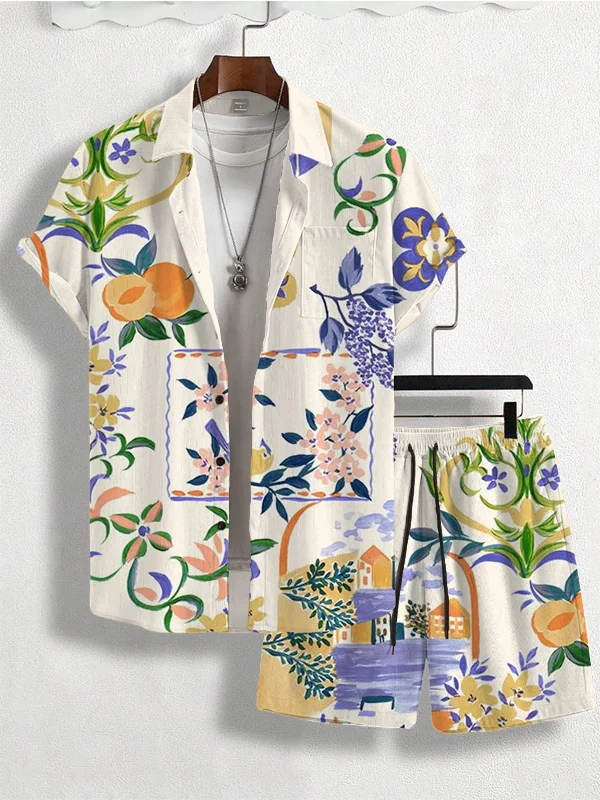 Men's Vacation Style Floral Watercolor Pattern Short Sleeve Shirt Set