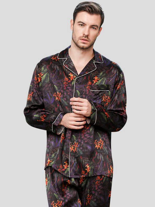 22 Momme Black Printed Silk Pajamas Set for Men