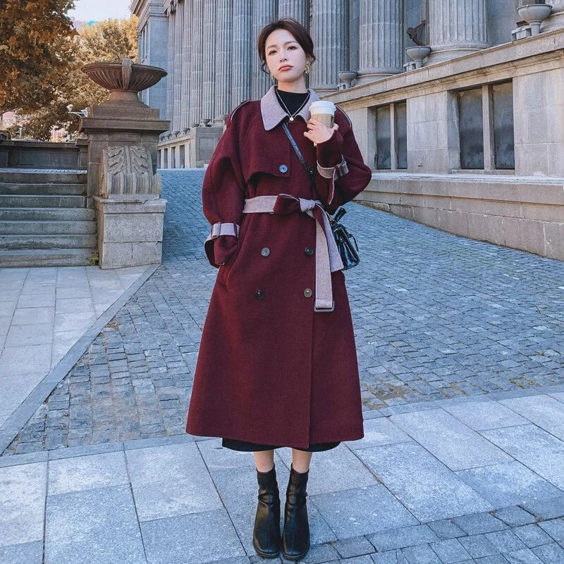 Brand New Fashion European Women Overcoat Double-Breasted Wool Blend Coat with Belt Office Lady Outerwear for Winter Female