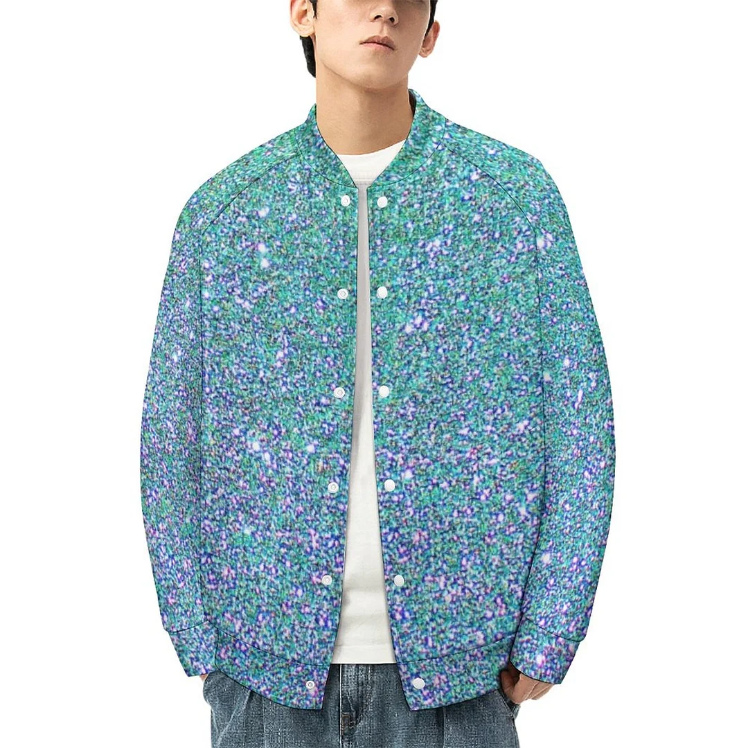 Blue Green Ombre Glitter Background Women Single Breasted Long Sleeve Bomber Jacket Men Stand Collar Varsity Coat Outfit