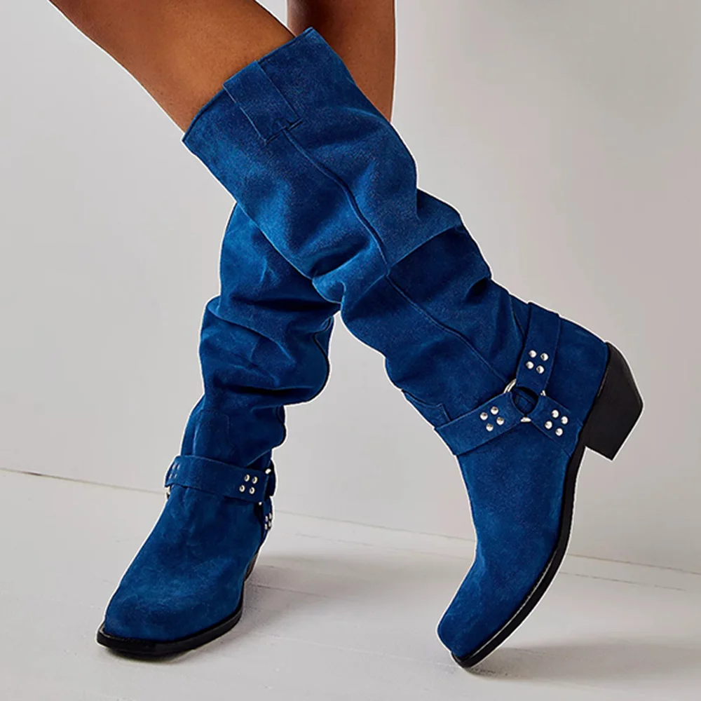 Blue Square Toe Suede Boots Ankle Strapy Spool Heels Nicepairs