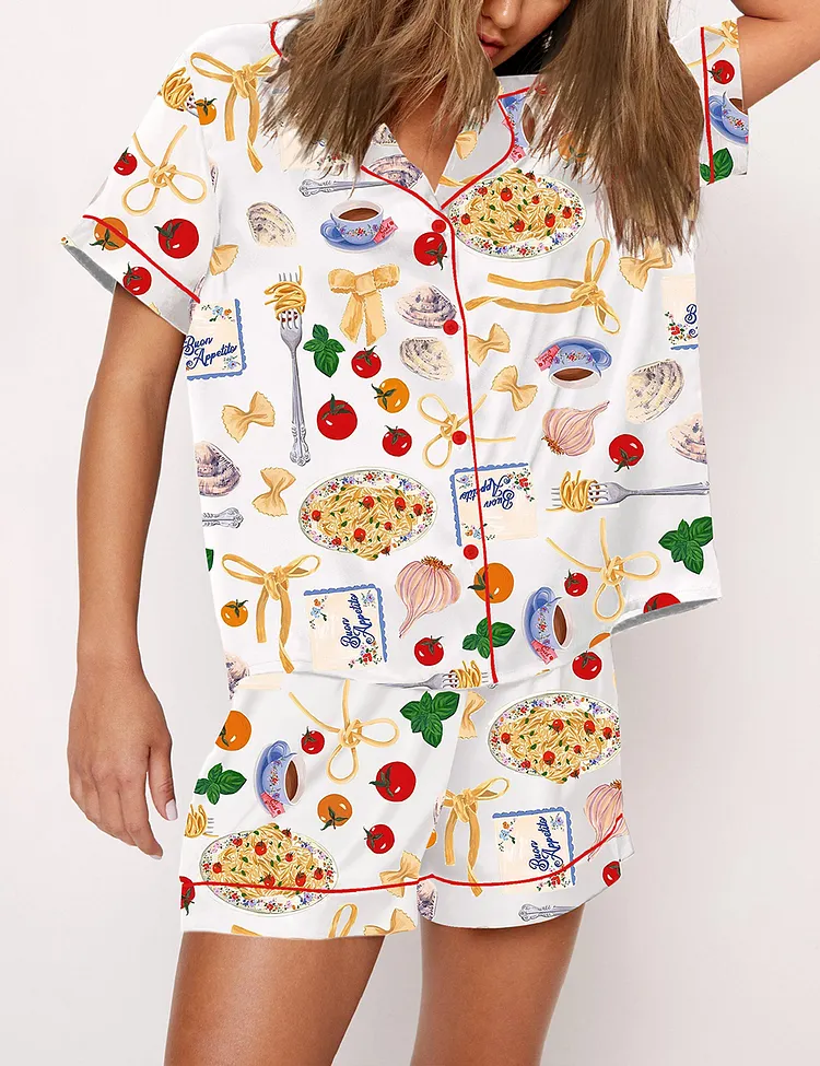 Women&rsquo;s Tomato Pasta Funny Food Short Sleeve Satin Pajama Set