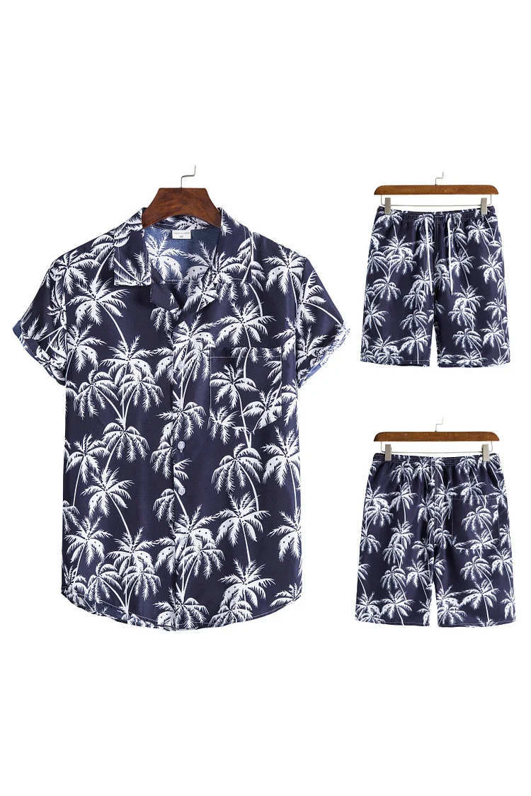 All Over Print Lace Up Short Sleeve Casual Shirt Shorts Two Piece Set