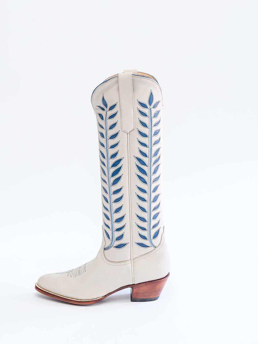 White Almond Toe Blue Leaves Inlay Knee High Western Boots for Women
