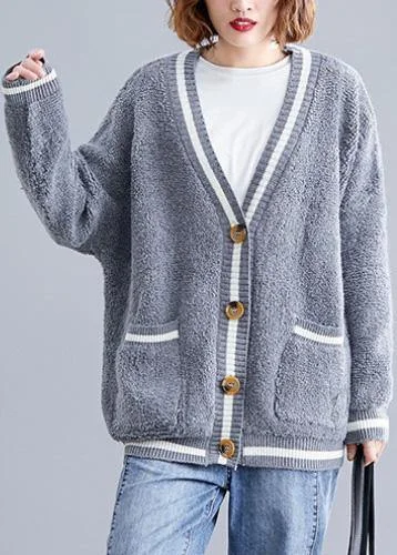 Cozy big pockets gray v neck knitwear plus size clothing fall knitted jackets