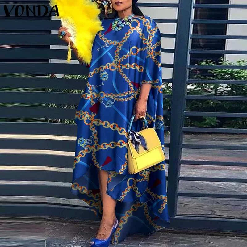 Women Dress 2022 VONDA Vintage Printed Asymmetric Party Long Maxi Dress Femme Robe Beach Sundress Casual Vestido Plus Size Robe
