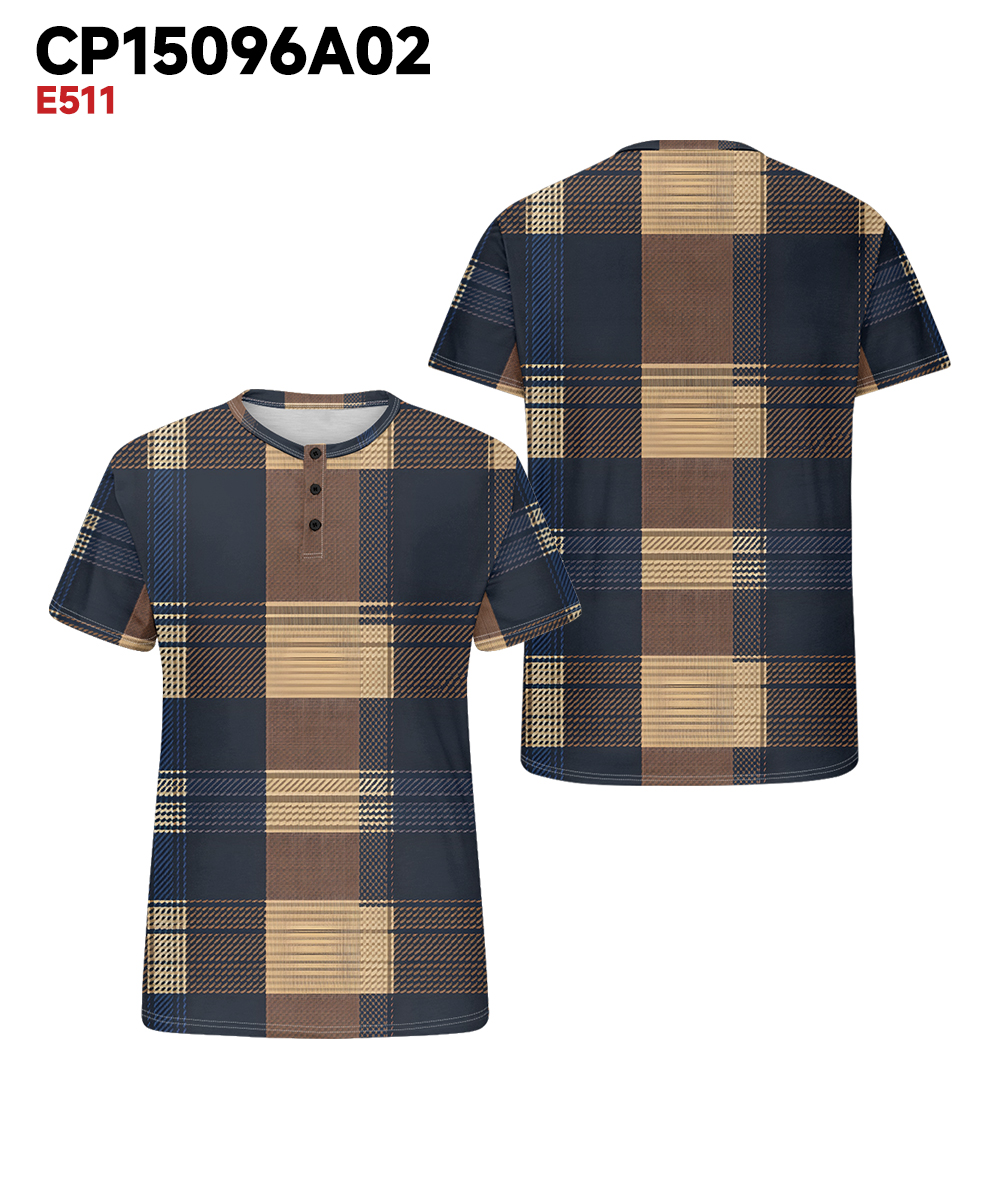Men's Plus Size Casual Daily Retro Blue Plaid Print Henry Collar Button Short Sleeve T-Shirt