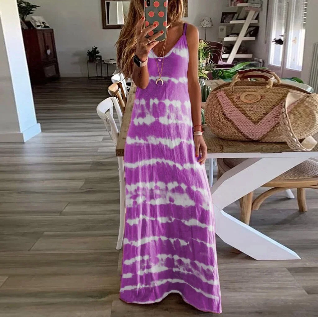 Plus Size Dress Women Gradient Tie-Dye Striped Summer Dresses V Neck Sleeveless Casual Bohemian Maxi Dress Beach Tank Dresses