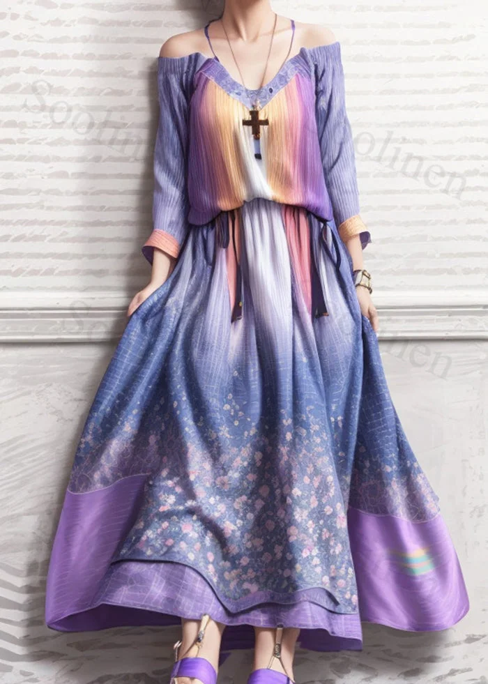 Italian Gradient Purple Cold Shoulder Exra Large Hem Silk Beach Dress Summer