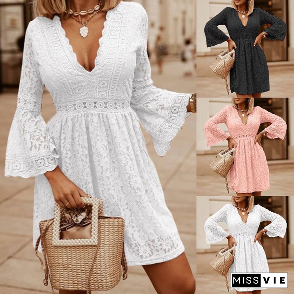 Womens Lace Stitching Elegant Dress Flare Long Sleeve Neck Party Casual Loose Mini Plus