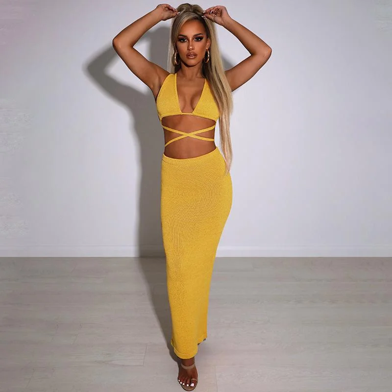 Lace up cropped top with bodycon long skirt set-zachics