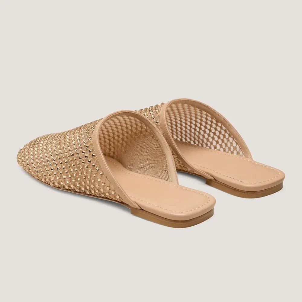 Gold Mesh Square Toe Slip On Rhinestone Flat Mules Shoes
