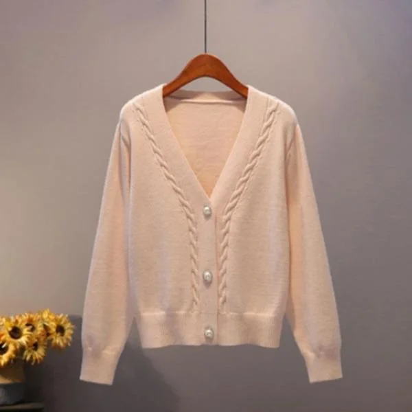 V Neck Pearl Single Breasted Loose Short Thicken Sweater Sweet Long Sleeve Knitting Top
