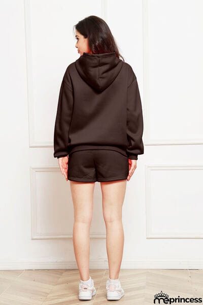 Drop Shoulder Long Sleeve Hoodie and Shorts Set