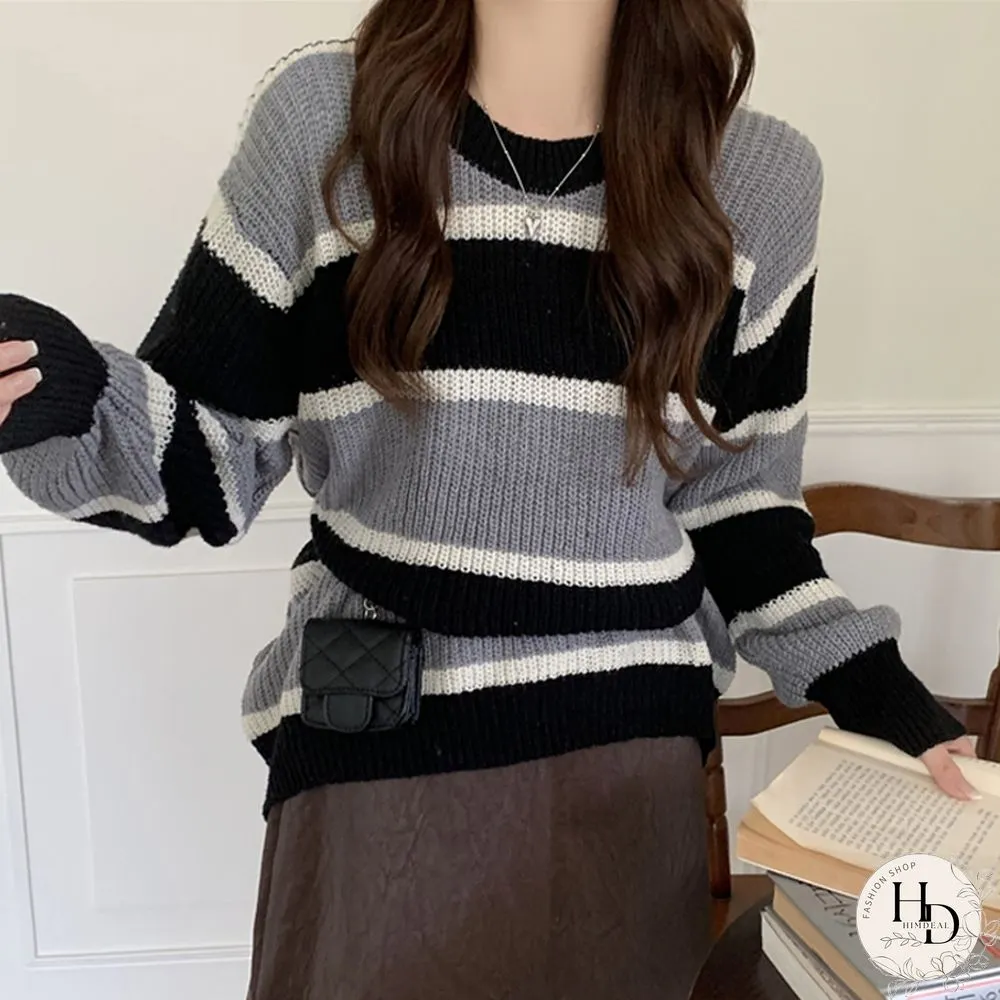 Retro elegant stripe knit sweater women causal loose long sleeves female pullovers Korean