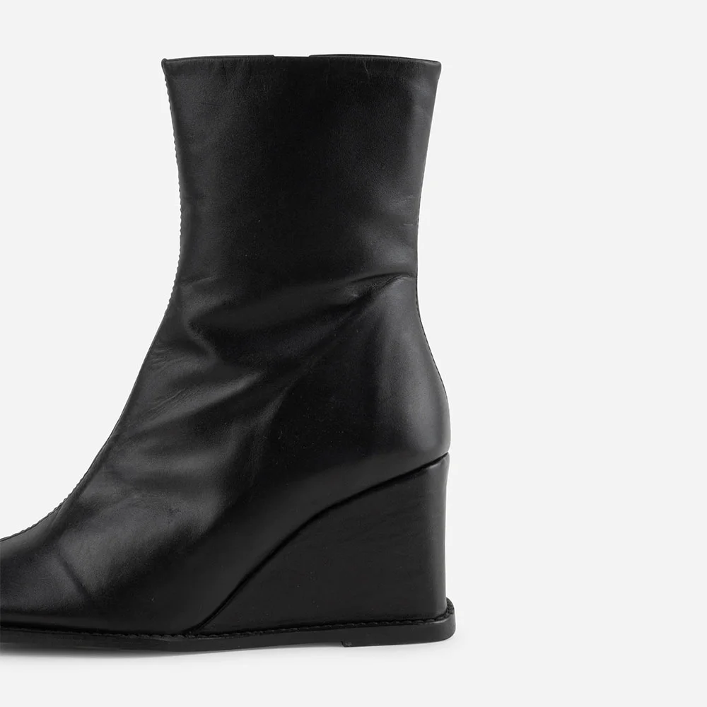 Short Elegant Black Square Toe Zipper Wedge Heel Booties for Women