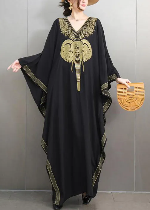 Loose Black V Neck Print Cotton Maxi Dresses Batwing Sleeve