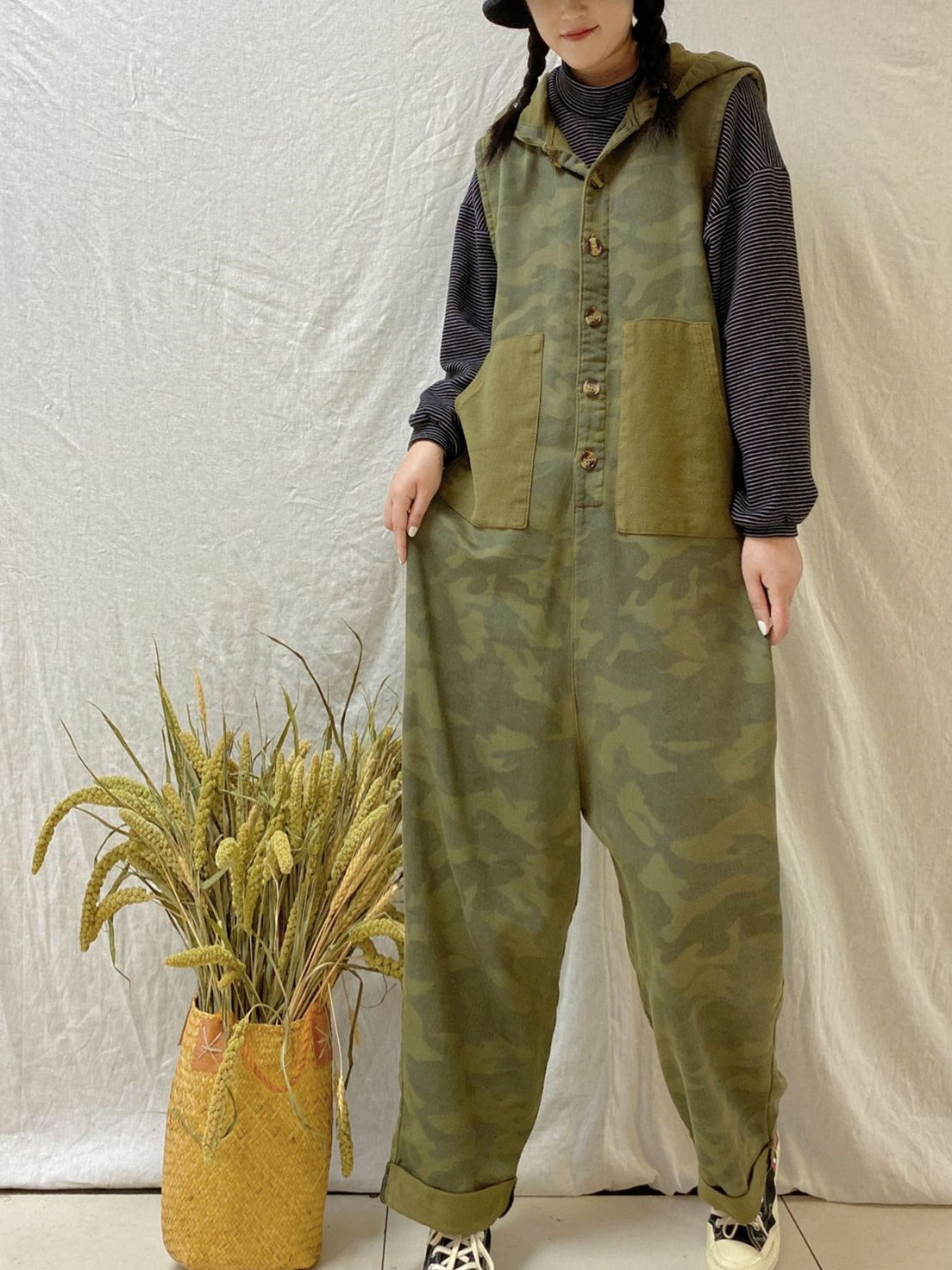 Women's Loose Sleeveless Hooded Casual Retro Wide-leg Workwear Denim Overalls Jumpsuit