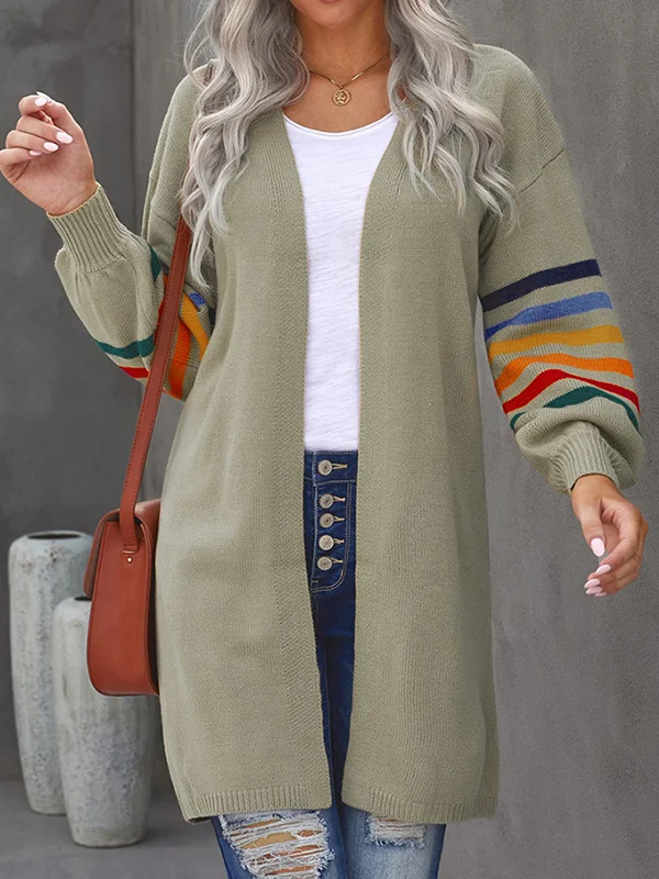 Colorful Contrast Color Striped Long Sleeves Loose Collarless Cardigan Tops