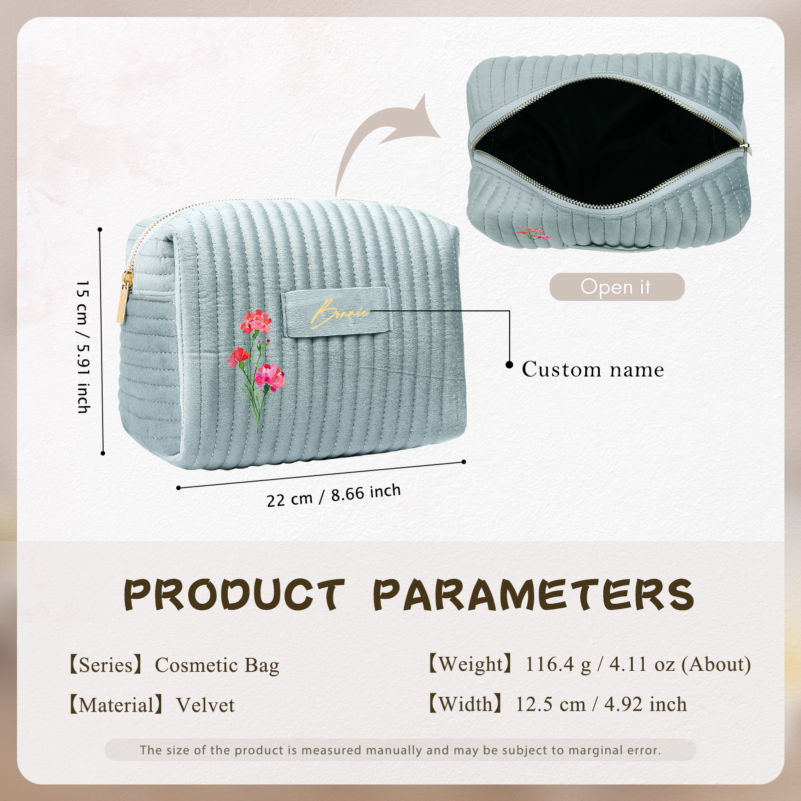 Borsa portabile per cosmetici in velluto per donna 1 nome e 1 fiore di nascita personalizzato multicolori da scegliere