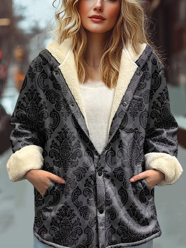 Vintage Style Pattern Printed Waffle Plush Thick Long-Sleeved Hooded Coat