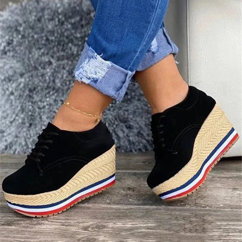 Women's Shoes Lace Up Straw Hemps Wedges Platform High Heels Vulcanized Shoes Ladies Solid Sneakers Female Fashion Plus Size 43